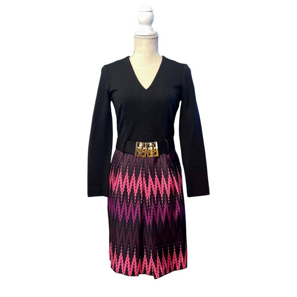 Milly Long Sleeve V Neck Belted Mini Dress Womens Sz 4 Black Pink Silk Blend - Picture 5 of 13